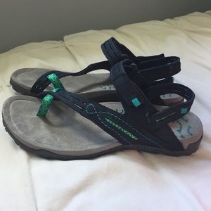 Blue and green Merrell sandals